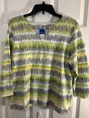 Sapphire Star Lime Green Navy Abstract Stripe Keyhole Neck 3/4 Sleeve Top L
